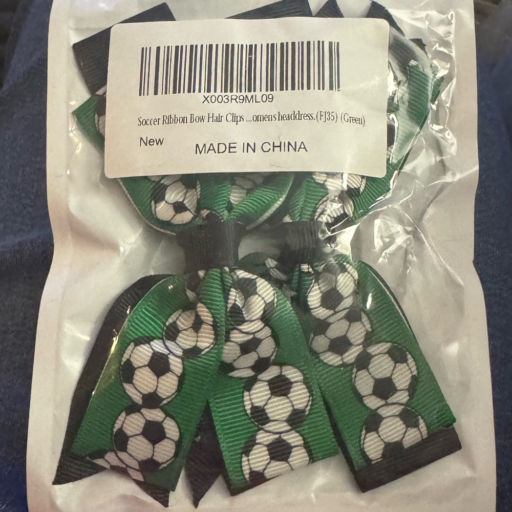 Green Soccer Ribbon Bow Hair Clips